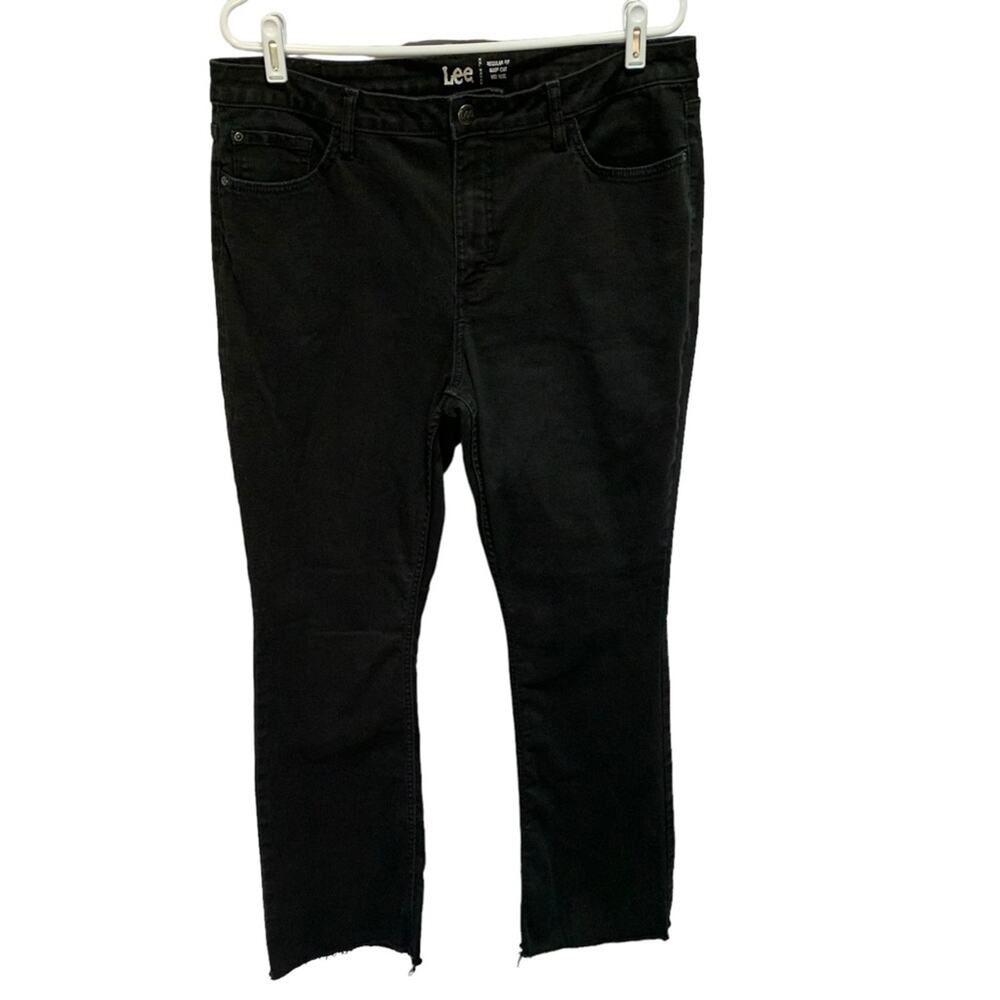 Lee Womens Regular Fit Boot Cut Mid Rise Black Denim Jeans Raw Hem Size 16L